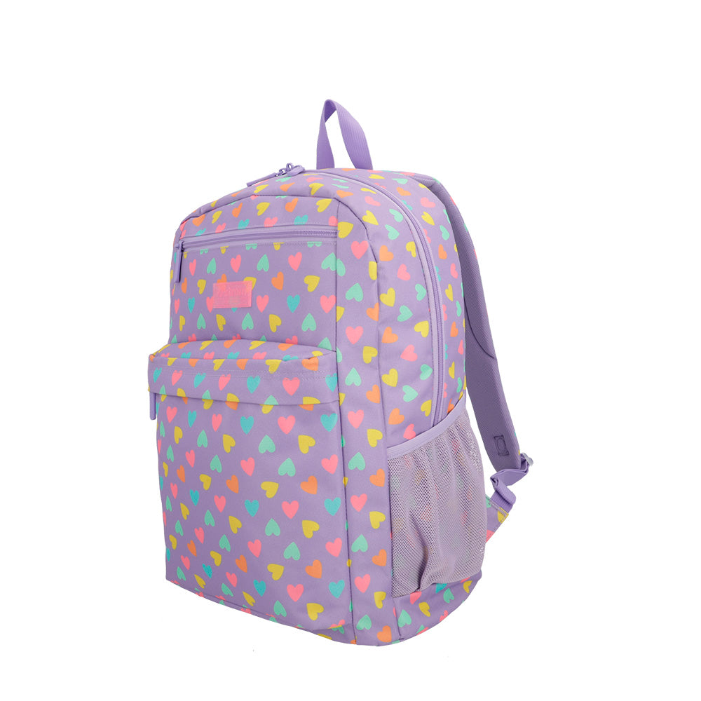 Megapack mochila escolar + bolso deportivo + lonchera + estuche Heart morado